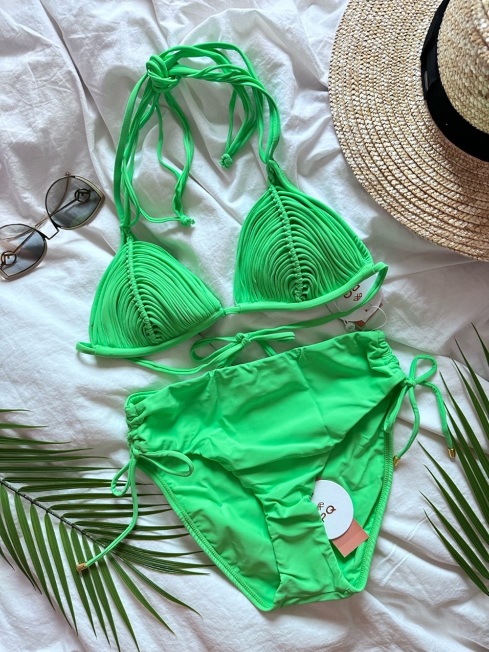PQ Swim Macrame Neon Kelly Green Ruched Bikini Top | High Waisted Cinched Bottom